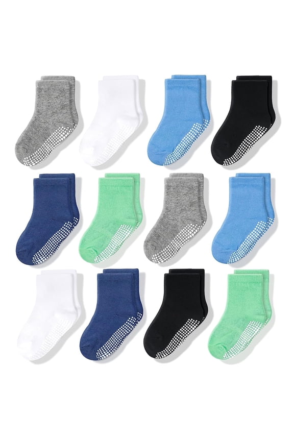 Toddler Socks with Grippers - Non-Slip Soles, Soft Cotton Blend & Arch Support - Socks for Toddler Boys & Girls - 1T-3T - Pack of 12 - Crew Height, Blue, White, Green