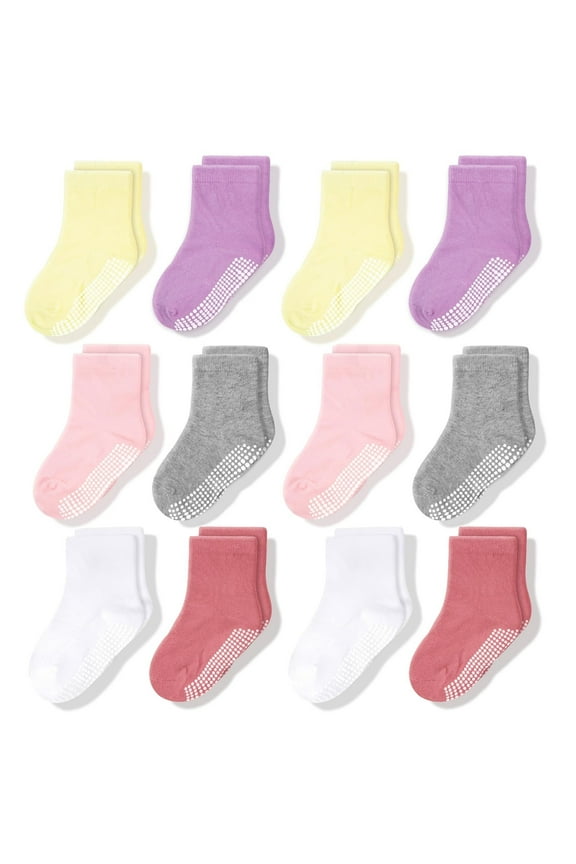 Toddler Socks with Grippers - Non-Slip Crew Socks for Toddler Girls & Boys - Soft Cotton Blend - 1T-3T, Pink White & Gray, 12-Pack