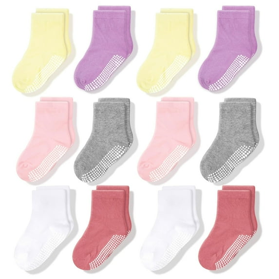 CozyWay Toddler Socks with Grippers - Non-Slip Crew Socks for Toddler Girls & Boys - Soft Cotton Blend - 1T-3T, Pink White & Gray, 12-Pack