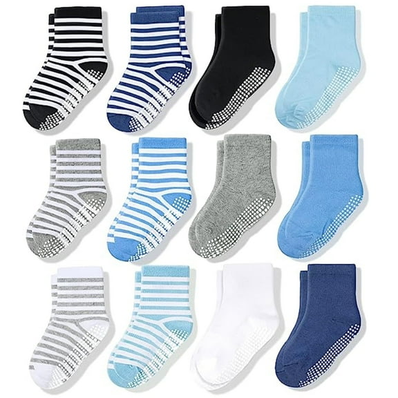 CozyWay Baby & Toddler Crew Grip Socks - Non-Slip Grip Toddler Socks with Grippers - Soft Cotton Comfort for Infants - Stay-Up Crew Fit Baby Girl & Boy Styles - 1T-3T, Blue/White, Pack of 12
