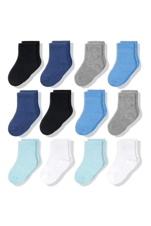 Baby & Toddler Crew Socks - Snug Stay-Put Fit for Socks for Toddler Boys - Soft Breathable Cotton & Reinforced Toe for Baby Essentials - Size 1T-3T, Pack of 12, Blue/White/Black