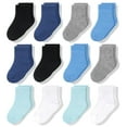 thumbnail image 1 of CozyWay Baby & Toddler Cotton Crew Socks - Soft Breathable Fit for Boys & Girls - Grippy Non-Slip Soles for Toddler Socks - Size 3T-5T, Blue/White/Black, Pack of 12, 1 of 7