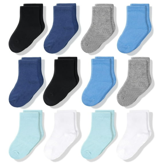 CozyWay Baby & Toddler Cotton Crew Socks - Soft Breathable Fit for Boys & Girls - Grippy Non-Slip Soles for Toddler Socks - Size 3T-5T, Blue/White/Black, Pack of 12