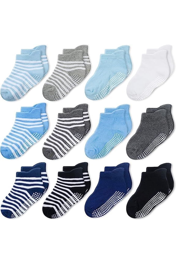 Toddler Boy Socks - Toddler Socks with Grippers & Easy On/Off Heel Tab - Reinforced Toe Non-Slip Cotton - 1T-3T, Blue/White, 12-Pack
