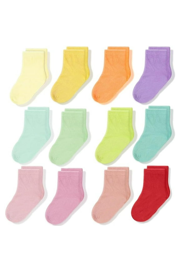 Toddler Crew Socks - Soft Breathable Cotton Colored Toddler Socks for Girls & Kids - Non-Slip Grip & Reinforced Toe for Tiny Feet - 1T-3T, Multicolor, Pack of 12