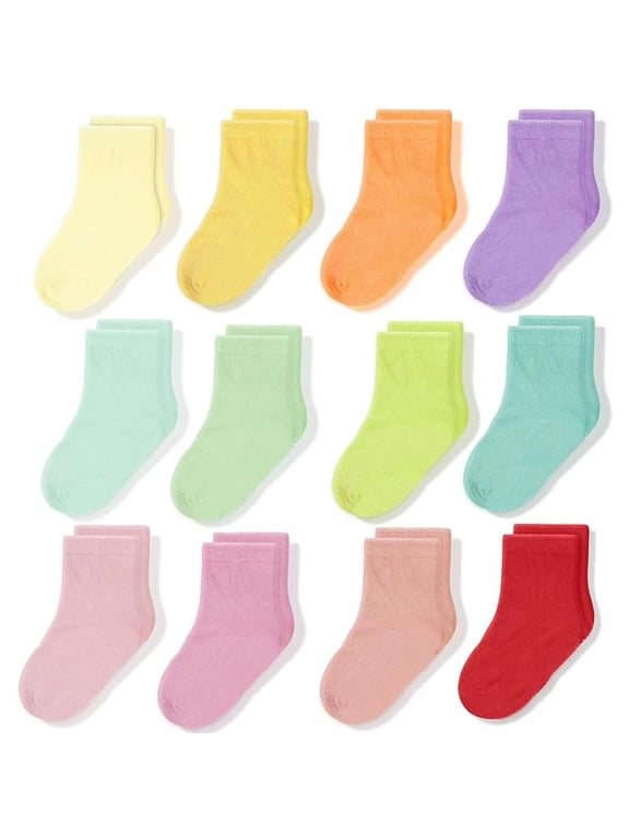 Toddler Crew Socks - Soft Breathable Cotton Colored Toddler Socks for Girls & Kids - Non-Slip Grip & Reinforced Toe for Tiny Feet - 1T-3T, Multicolor, Pack of 12