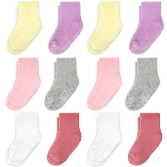 CozyWay Toddler Socks - Soft Cotton Crew Baby Socks for Boys & Girls - Solid Color Toddler Multi-Pack - 1T-3T, Pink White Gray, 12 Pack