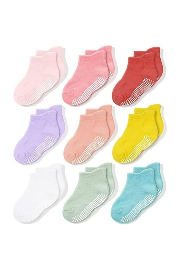 Toddler Ankle Socks with Grips - 1T-3T Pink & Red Multicolor 9-Pack - Soft Cotton Toddler Socks - Non-Slip Grips & Easy On/Off Heel Tab