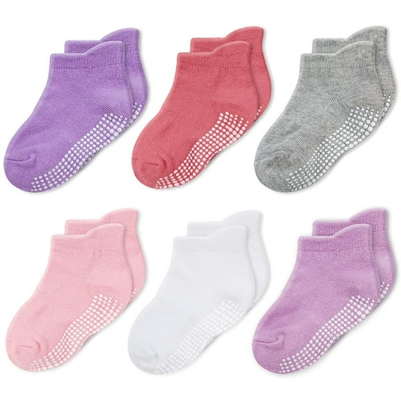 CozyWay Ankle Grip Toddler Socks - Non-Slip Gripper Soles for Toddler Grip Sock - Easy-On Heel Tabs for Kids Ankles - 3T-5T - Pack of 6 - Pink/Gray/Purple