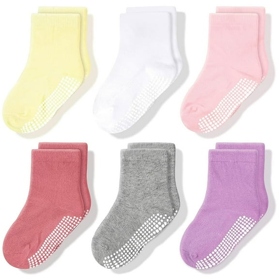CozyWay Baby & Toddler Grip Socks - Non-Slip Soles & Kids Grip Socks - Soft Cotton Blend & Toddler Cotton Crew - 1T-3T, 6 Pack, Pink/White/Gray