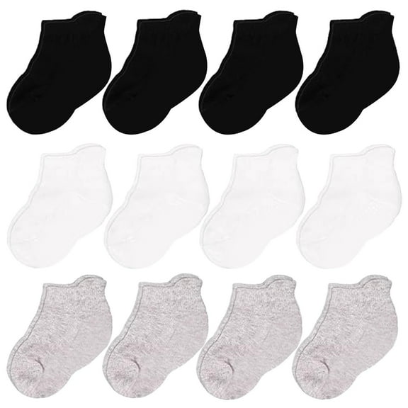 CozyWay Baby & Toddler Ankle Socks - Soft Cotton Comfort - Non-Slip Grip with No Show Cut - 1T-3T, White/Black/Gray, Pack of 12