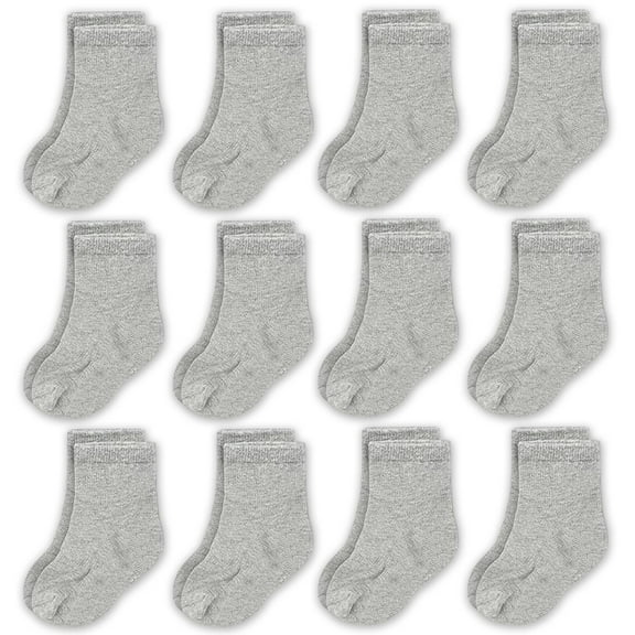 CozyWay Toddler Crew Cotton Socks - Soft Breathable Socks for Toddler Girls - Snug No-Slip Cotton Fit for Boys - Reinforced Toes in No-Grip Design - Gray, Pack of 12, Size 1T-3T
