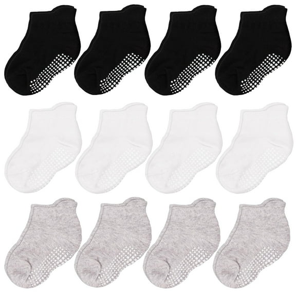 CozyWay Toddler Socks with Ankle Grips - Non-Slip Baby Socks with Grips - Grippy Pair for Toddlers Girls - 1T-3T, Black/White/Gray, Pack of 12