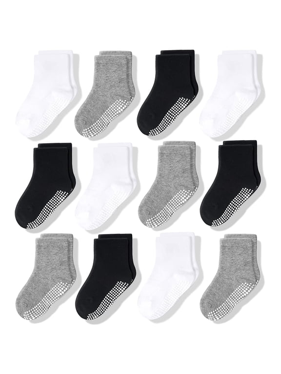Toddler Grip Socks - Soft Cotton Comfort & Toddler Cotton Socks - Non-Slip Grippers & Grippy Pairs for Kids - 3T-5T, Black/White/Gray, 12-Pack