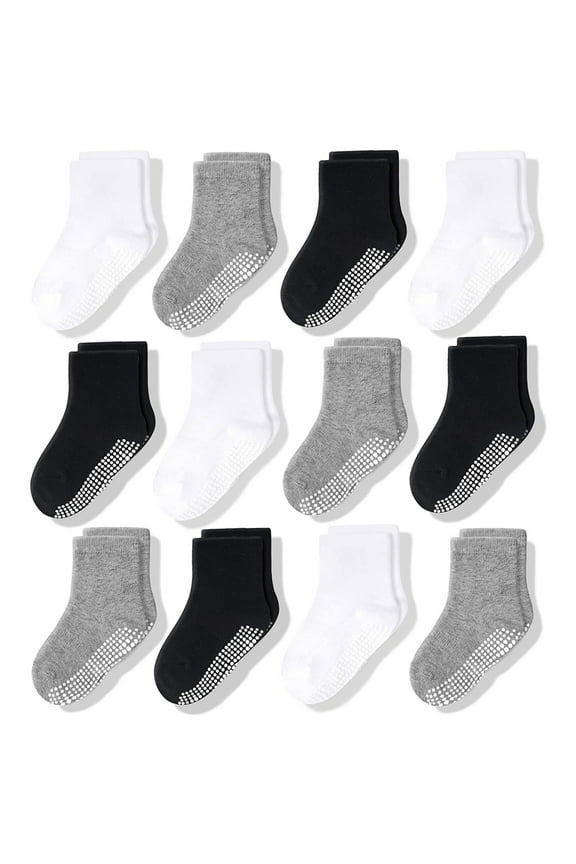 Toddler Grip Socks - Soft Cotton Comfort & Toddler Cotton Socks - Non-Slip Grippers & Grippy Pairs for Kids - 3T-5T, Black/White/Gray, 12-Pack
