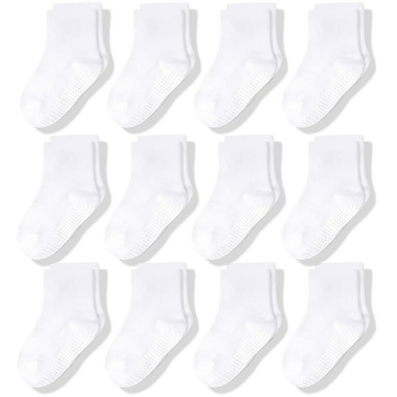 CozyWay Toddler Crew Grip Socks - Non-Slip Gripper Soles - Size 3T-5T, White, Grip Socks for Kids - Pack of 12
