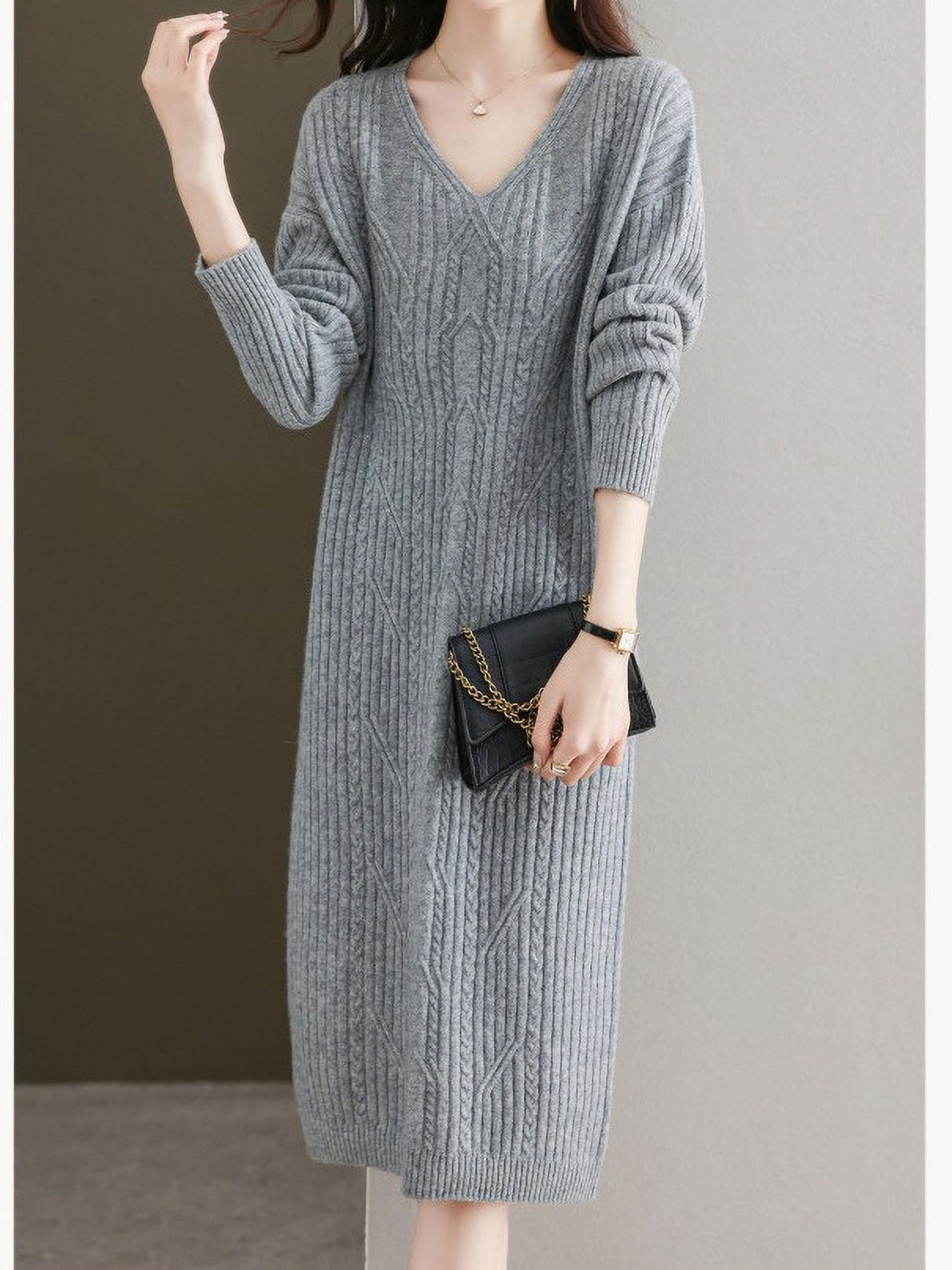 knee length dresses for ladies Women Long Dark Grey Wool Dress 4022 – Xiaolizi