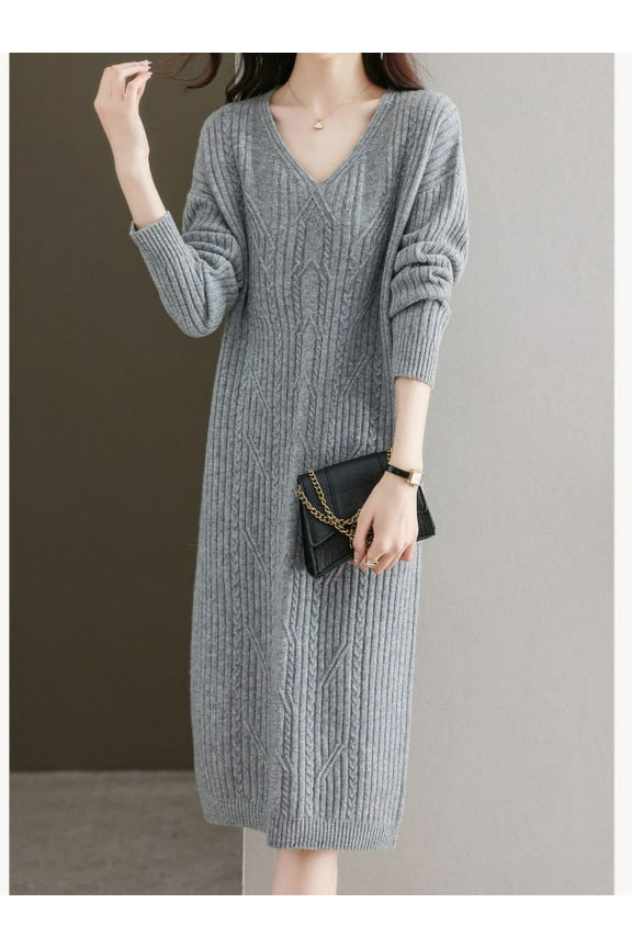 V-neck knitted dress with women's autumn and winter temperament, diamond grid medium long style, loose oversized base woolen dress