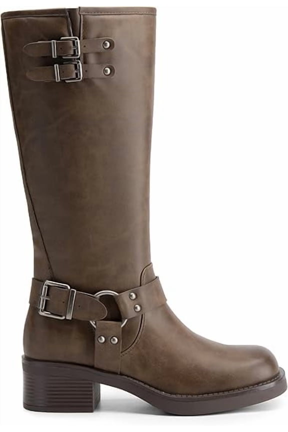 Women's Knee High Boots Side Zipper Motorcycle Boots Square Toe Chunky Low Heel Fashion Buckles Biker Riding Boots