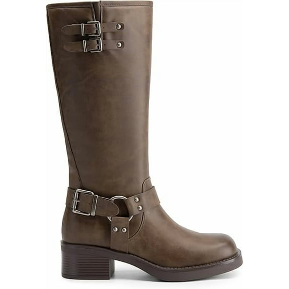 Cozyall Women's Knee High Boots Side Zipper Motorcycle Boots Square Toe Chunky Low Heel Fashion Buckles Biker Riding Boots