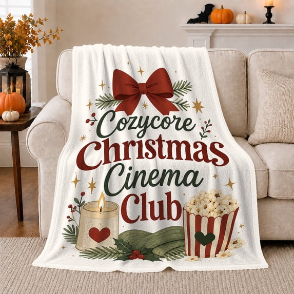 Cozycore Christmas cinema club candle popcorn bow white Flannel Blanket for living room family room Christmas Home Decor holiday movie night Gift for friends roommates