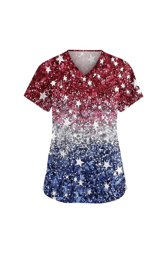 Cozyfit Scrubs for Women 250th Anniversary National Flag Print Casual Nurse Uniforms Short Sleeve V Neck Comfort Fit Scrub Tops Independence Day Dressy T Shirts Summer Clothes