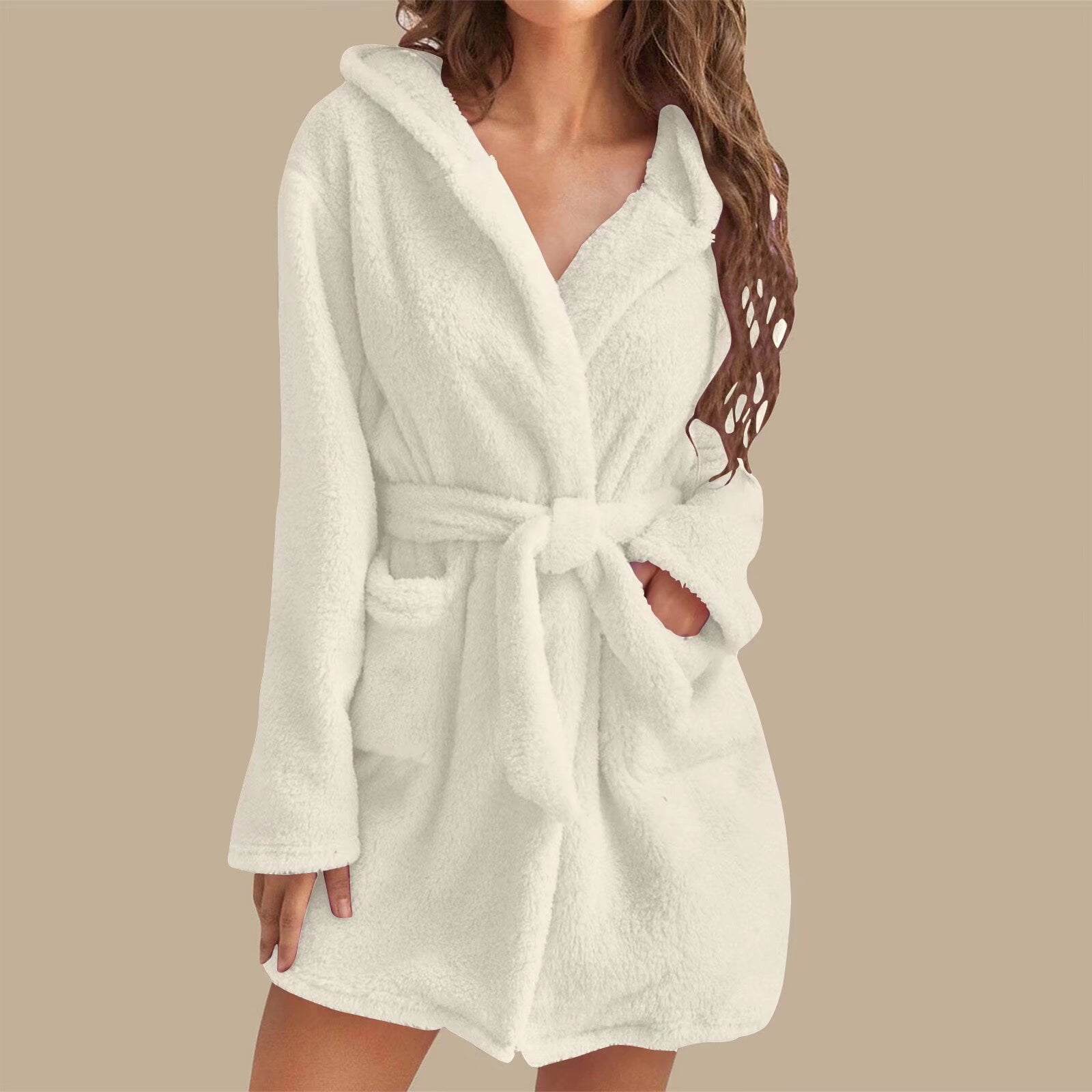 Cozyfort Fuzzy Robe for Women with Pockets Pure Color Hooded Plush ...