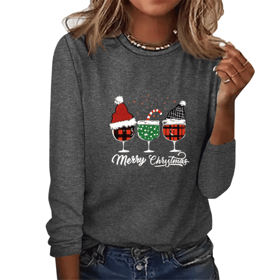 Cozyfort Long Sleeve Shirts for Women Womens Christmas Print Long Sleeved Plus Size Crewneck Pullover Top Womens Tops Casual