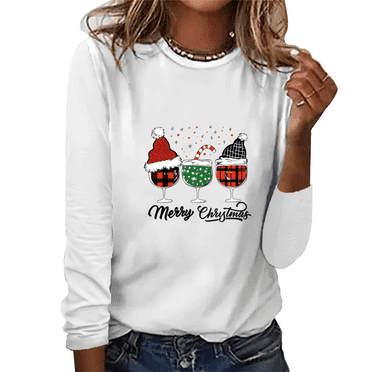 Cozyfort Long Sleeve Shirts for Women Womens Christmas Print Long Sleeved Plus Size Crewneck Pullover Top Womens Tops Casual Clearance
