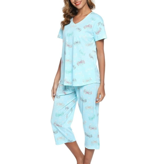 Cozyfort Pajama Sets for Women 2 Piece Short-Sleeve Cropped Pants Cotton Knit Homewear Set: Plus Size Women's Loungewear Pajamas for Women Set Plus Size