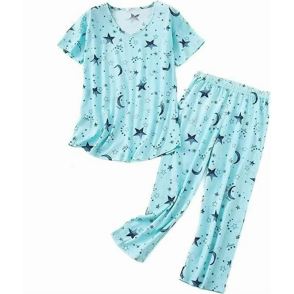 Cozyfort Pajama Sets for Women 2 Piece Short-Sleeve Cropped Pants Cotton Knit Homewear Set: Plus Size Women's Loungewear Pajamas for Women Set Plus Size