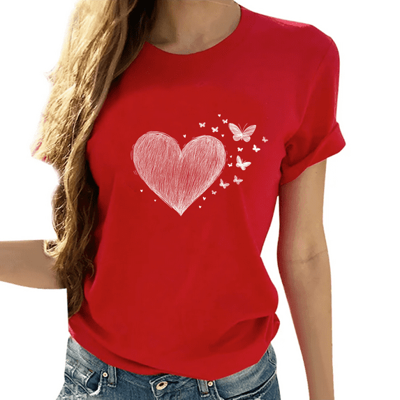 Cozyfort T Shirts for Women Loose Fit Heart/Butterfly Print Women's T-Shirt Short Sleeve Crewneck for Summer T-Shirts Womens Graphic