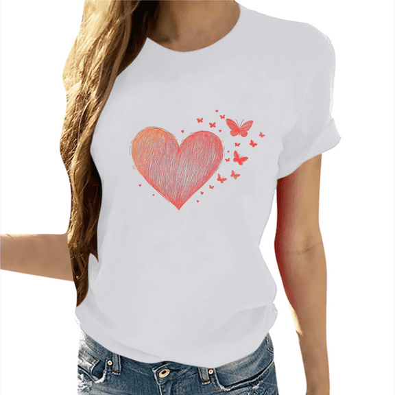 Cozyfort T Shirts for Women Loose Fit Heart/Butterfly Print Women's T-Shirt Short Sleeve Crewneck for Summer T-Shirts Womens Graphic