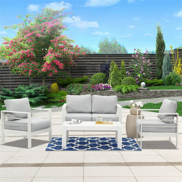Cozyhom 4 Seats White Aluminum Outdoor Furniture Set Patio Aluminum