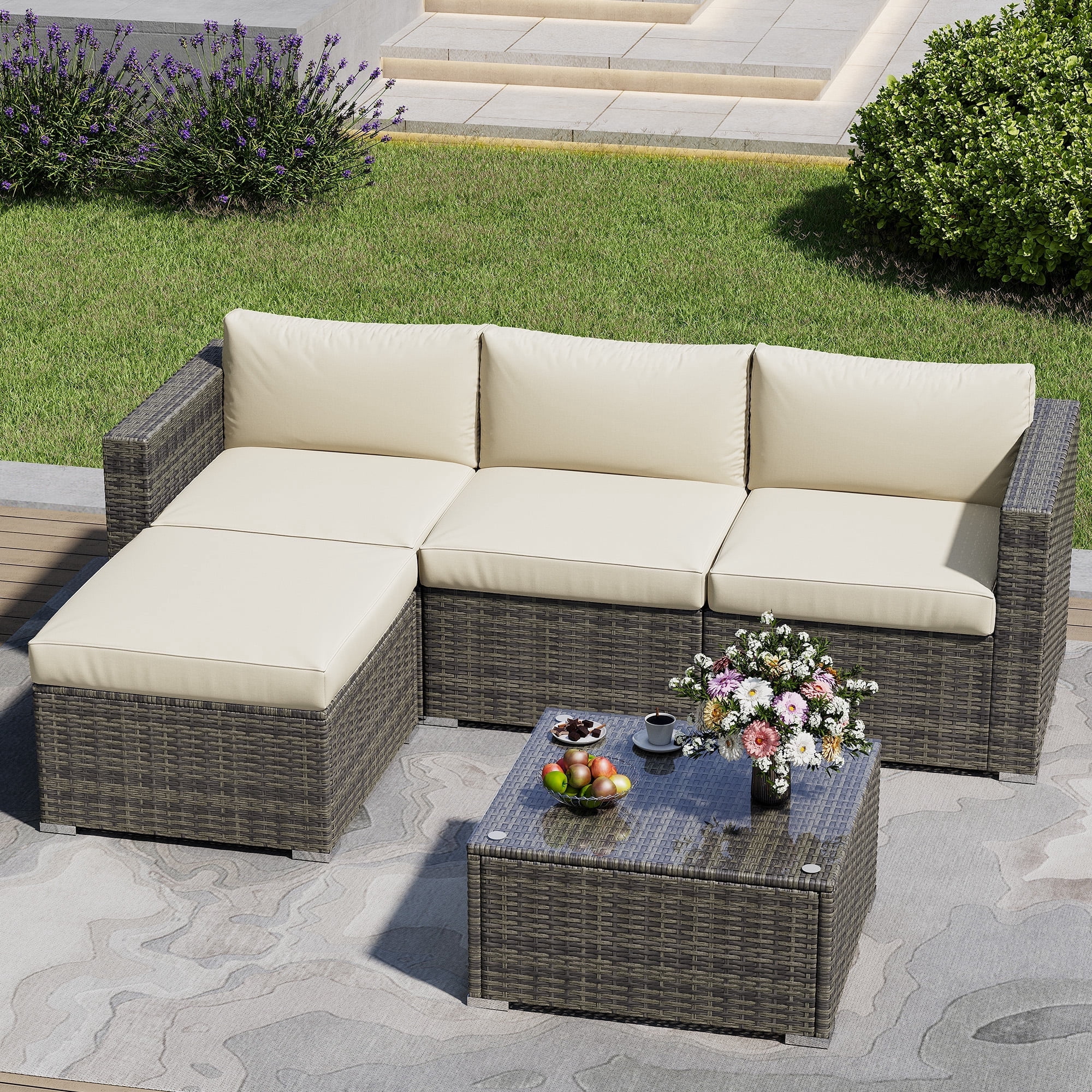 Cozyhom 5 Pc Outdoor Wicker Sectional Dining  Sofa Furniture Set, All Weather Wicker Sectional Dining Conversation L Shaped Indoor Couch With Ottoman, Beige