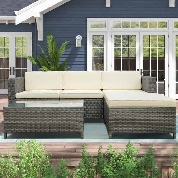 Cozyhom 5 Piece Outdoor all weather wicker sectional dining, outdoor couch with ottoman, outdoor pool furniture sets, Cream Cushions