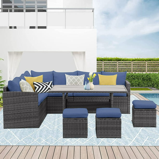 Cozyhom 7 Pcs Outdoor Sectional Dining Furniture Sofa Set Outdoor Patio Wicker Sectional