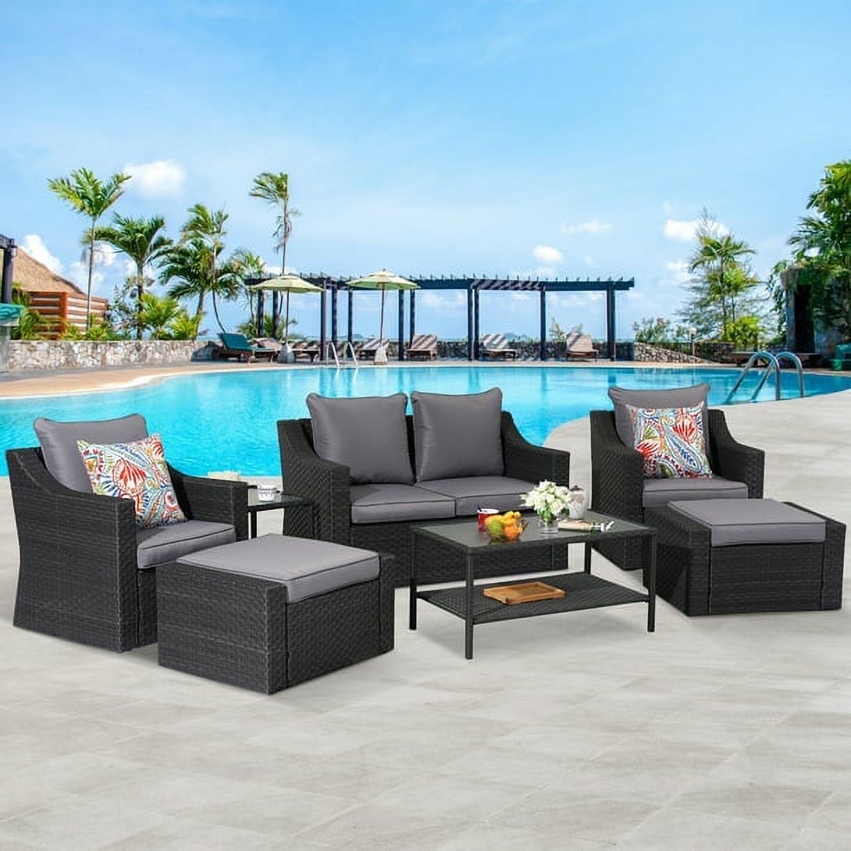 Visual Reference: Cozyhom 7 Piece Rattan Wicker Outdoor Patio Furniture Set With