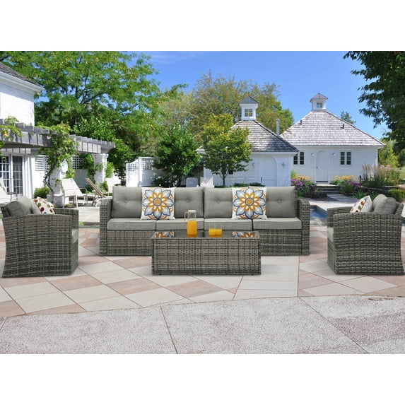 Cozyhom 7 Pieces Conversation Set Patio Furniture, Outdoor Patio Furniture Rattan, Patio Sofa Chase, Gray