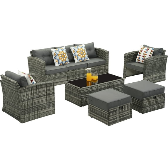 Cozyhom 8 Pieces Gray Wicker Rattan Patio Aluminum Sofa Furniture Set with Dark Gray Cushions