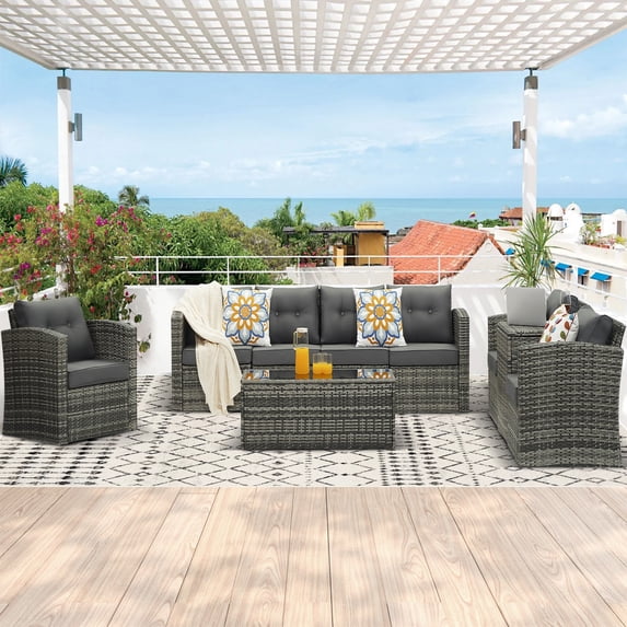 Cozyhom 9 Pieces Gray Outdoor Rattan Wicker Sofa Set Conversation Sofa with Dark Gray Cushions