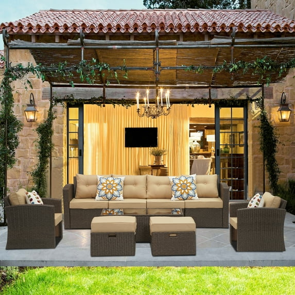 Cozyhom 9 Pieces Patio Garden Wicker Sofa Set Conversation Set,Brown