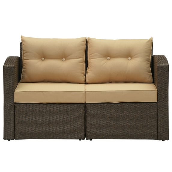 Cozyhom Brown Wicker Rattan Corner Sofa,Outdoor Furniture with Beige Cushions