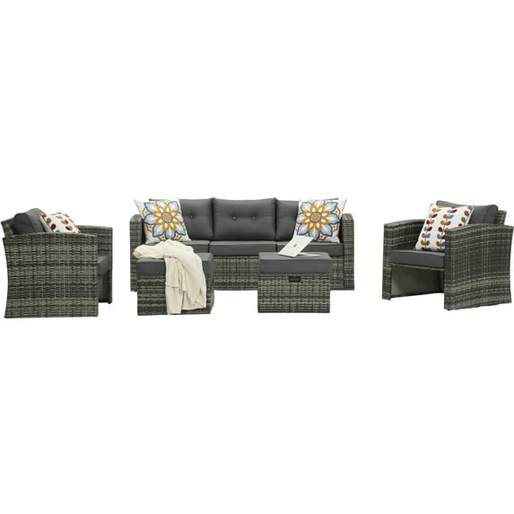 Cozyhom Gray Wicker Rattan Patio Sofa, 5 Seats Outdoor Furniture with 2 Ottomans and Dark Gray Cushions