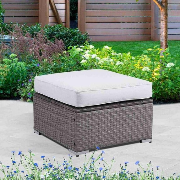 Cozyhom Outdoor Patio Wicker Ottoman, Footrest Furniture With Cushion, Gray