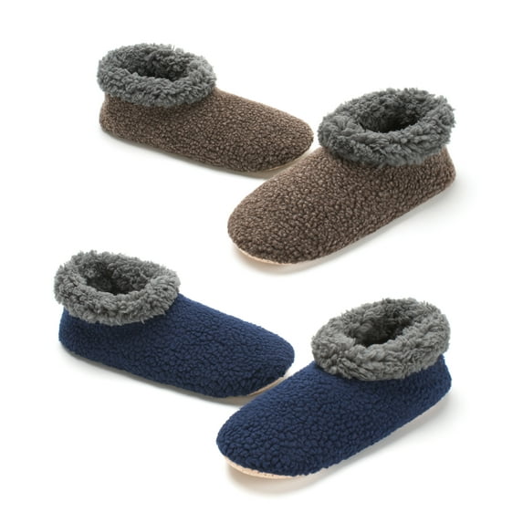 Cozylook 2-Pack Men's Low-Cut Slipper Socks with Grippy Soles, Warm Sherpa Lined Indoor House Shoes, Cozy Gifts for Him, Adult Sizes 10-11