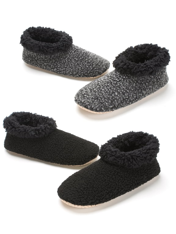 2-Pack Men's Low-Cut Slipper Socks with Grippy Soles, Warm Sherpa Lined, Indoor House Shoes, Cozy Christmas Gifts for Him, Adult Sizes 8-9, Non-Skid, Fuzzy, Machine Washable