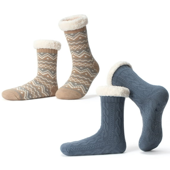 Cozylook 2-Pack Women's Fuzzy Slipper Socks Sherpa Lined, Non-Slip Grippers