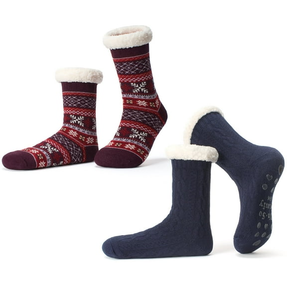 Cozylook 2-Pack Women's Fuzzy Slipper Socks Sherpa Lined, Non-Slip Grippers