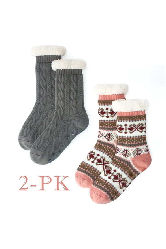 2-Pack Women's Fuzzy Slipper Socks Sherpa Lined, Non-Slip Grippers
